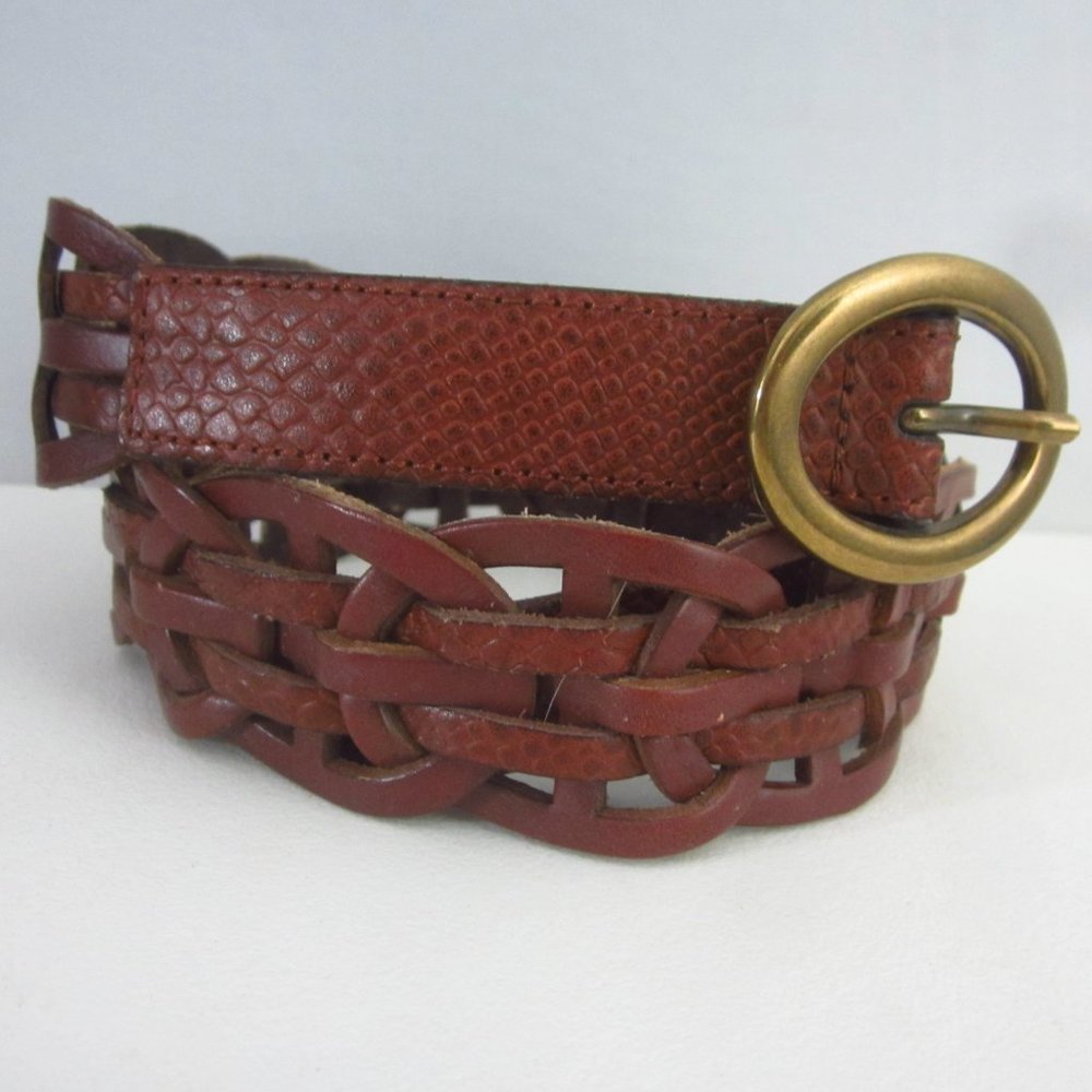 FOSSIL Unisex Medium Woven Leather Goldton Belt 28" - 32" Western Brass Buckle